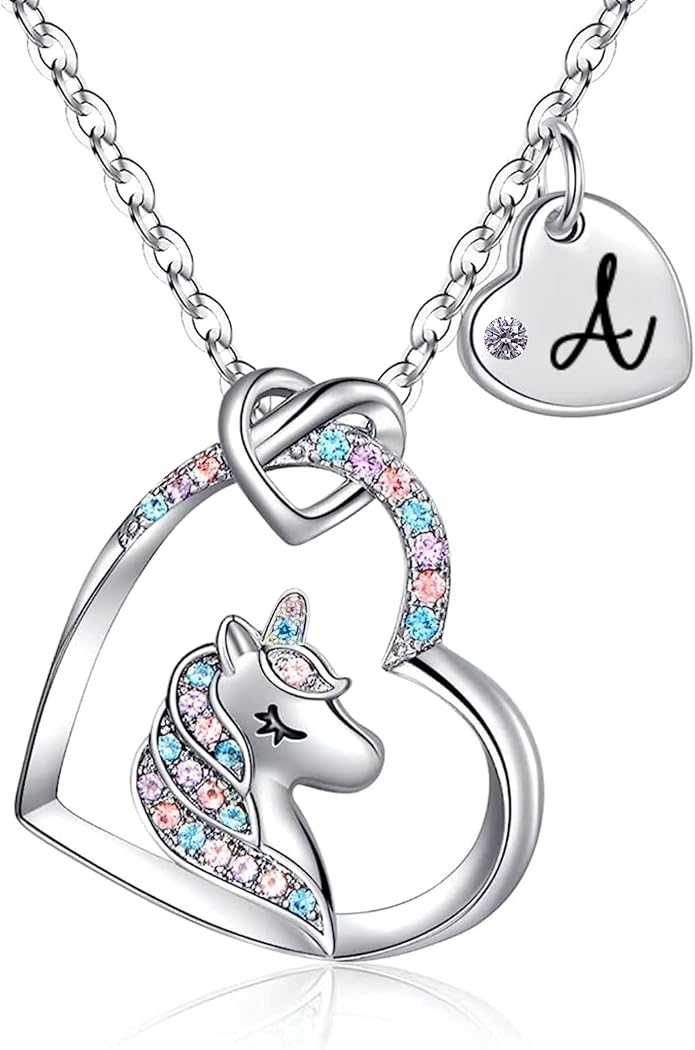 Valentines Day Gifts for Kids Girls - Unicorn Necklace for Girls with Initial Heart Pendant & Gift Box, 18K Gold Fashion Kids Jewelry, Colorful Heart Necklace for Birthdays & Costume Parties.