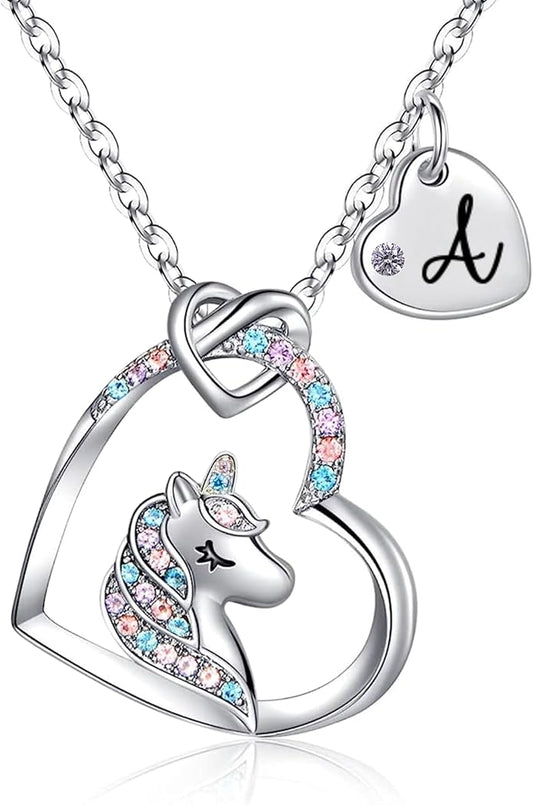 Valentines Day Gifts for Kids Girls - Unicorn Necklace for Girls with Initial Heart Pendant & Gift Box, 18K Gold Fashion Kids Jewelry, Colorful Heart Necklace for Birthdays & Costume Parties.