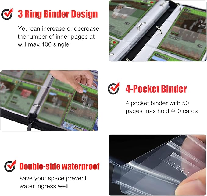 Card Binder with Shoulder Strap, 4 Pocket with 50 Sleeves up to 400 Cards, Waterproof Card Storage Book for Card Collectors, Game Cards Display Case