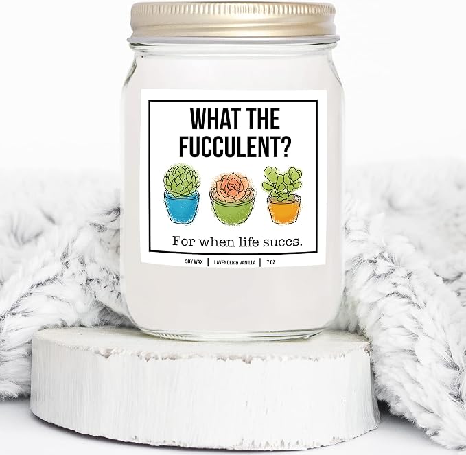 You Nique Designs What The Fucculent, 7 Ounces, Succulent Gifts, Plant Candle, Pick Me Up Gifts for Women, Stress Relief Candles, Relaxing, Soy Aromatherapy Candle (Lavender & Vanilla)
