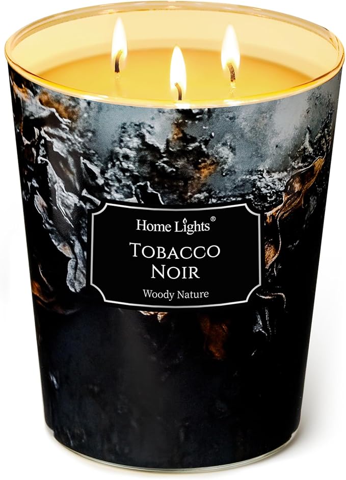 HomeLights Scented Candles for Women & Men, 34oz Candle Jars Aromatherapy 3-Wick Candle, Ideal for Industrial Chic Home Decor and Gifts, Tobacco Noir