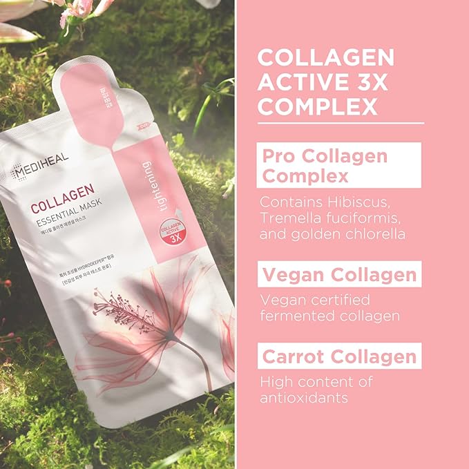 Mediheal Official Best Korean Sheet Mask - Collagen Essential Face Mask 10 Sheets Lifting and Firming For All Skin Types Value Sets (Pack of 2)