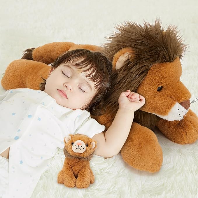 MaoGoLan 4 Pcs Lion Stuffed Animal Set - 19.6'' Lion Plush Toy with 3 Babies in Hers Zippered Back, Charming Gifts for Kids, Suitable for Birthday Christmas Festive Decorn