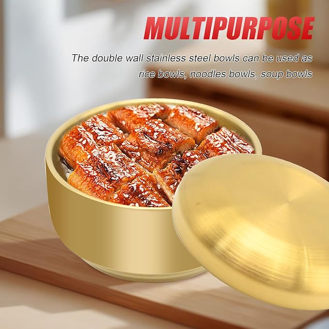 Stainless Steel Rice Bowl with Lid, Set of 2, for Korean Kitchen Restaurant, Double-walled Metal Bowls, Multi-Purpose Insulated Soup Bowls Snacks Bowls (11.5cm Gold)