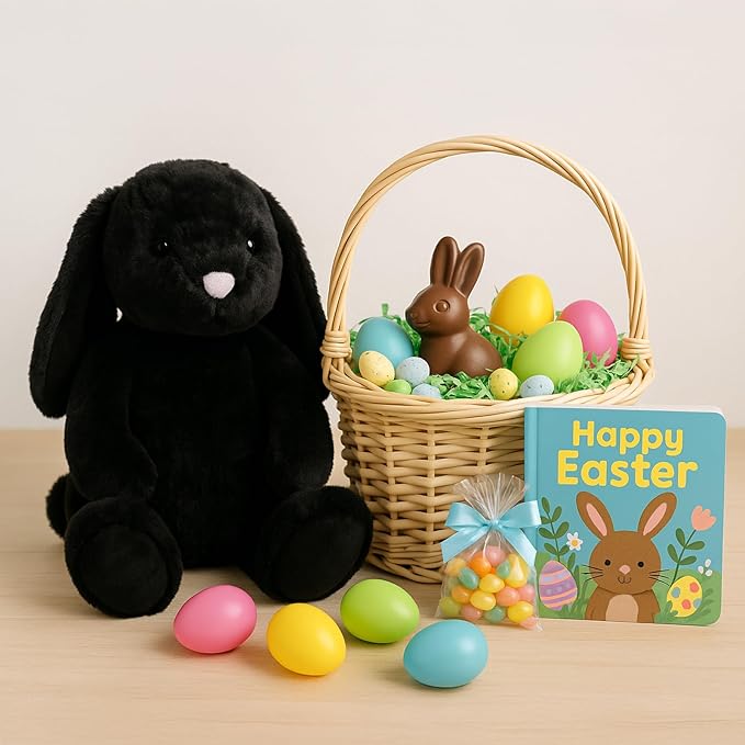 Black Bunny Stuffed Animal Plush Toy with Floppy Ears, 17.7 Inch Soft Plush Rabbit Cuddle Buddy for Nursery Decor, for Boys and Girls
