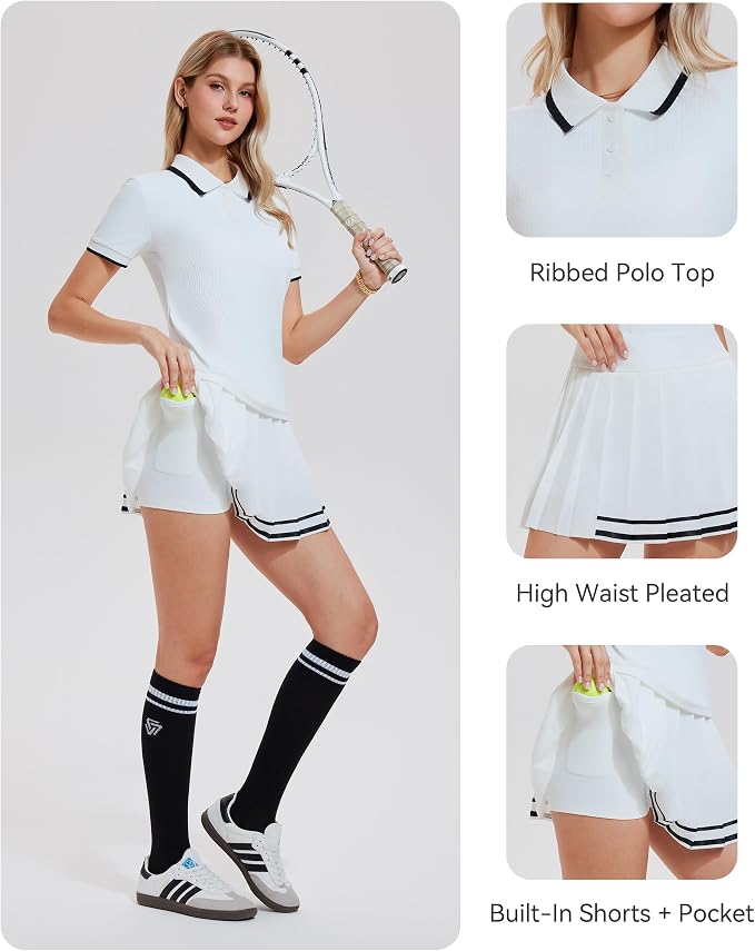 Mudere Golf Outfits for Women Tennis Skirt Set Polo Top Pleated Skort | Ribbed Short Sleeves, Built-In Shorts, Side Pocket, Nylon Spandex Blend, Pickleball Running Dress, Versatile Athletic Wear