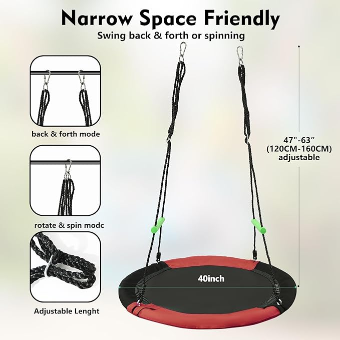 YSEJOMP 3.3FT Round Saucer/Tree Swing with Handles -Made of Sturdy Frame,PP Mat,Adjustable Multi-Strand Ropes,Safe and Durable for Yard Garden Playground Park (Black and Red, 40 inches)