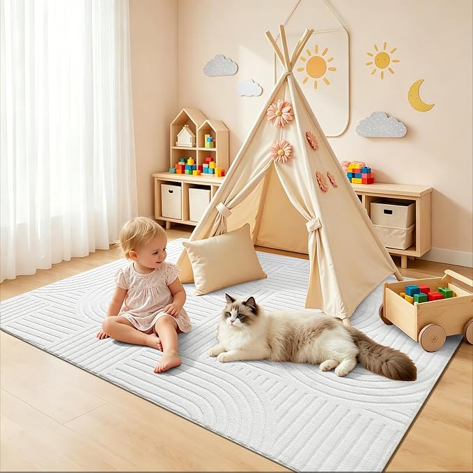 Pauwer 4x6 Area Rugs for Living Room, Modern Non Slip Washable Rug, White | Arch Pattern, Soft Fluffy, Neutral, Boho Accent, Solid Color Floor Carpet, For Kids Room Dining Room Nursery Entryway