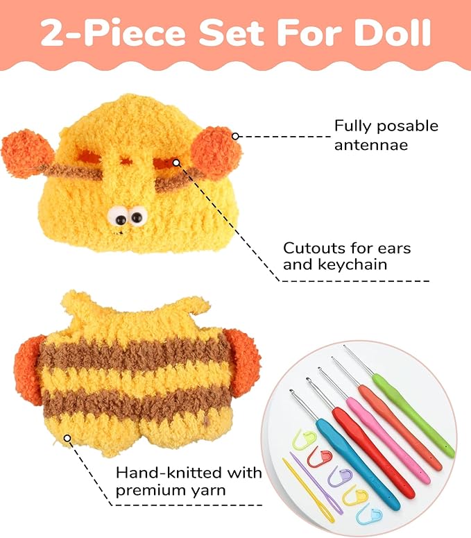 Hand-Crocheted Doll Clothes Set for 17cm Dolls - Original Cute Outfit, Handmade Crochet Accessories, Kawaii Animal Style Collectibles (Buzzing Bee)