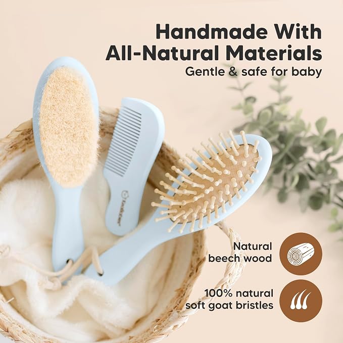 Wooden Baby Hair Brush Set for Newborns, Toddlers - Soft Goat Bristle Baby Brush and Comb Set Newborn Grooming Kit for Cradle Cap Care, Durable & Gentle, Boy, Girl Infant Essentials (Regular, Frost)