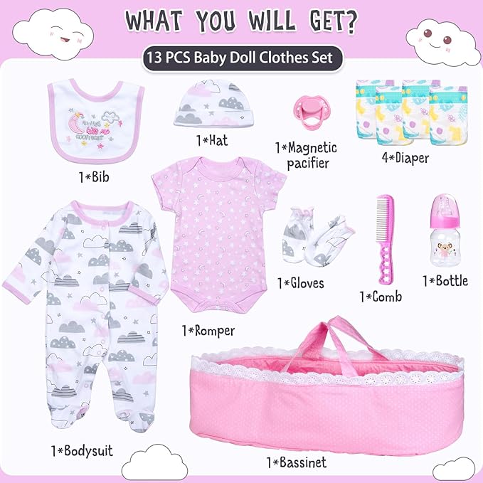 PEDOLLTREE 13 Pcs Reborn Baby Dolls Clothes Girl Accessories Outfit with Pink Dot Bassinet and Diapers Set for 17-22 Inch Reborn Dolls Newborn Baby Girl
