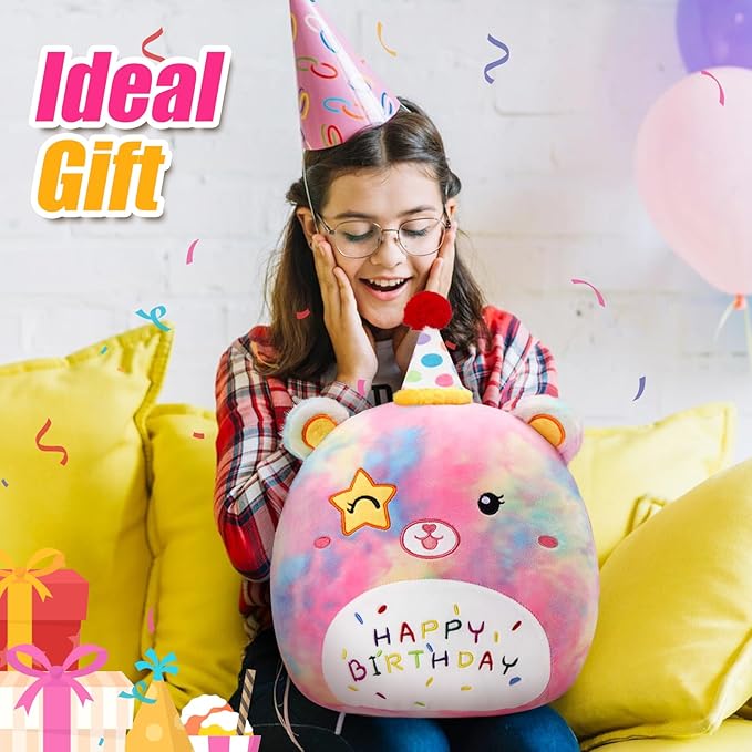 Athoinsu 14" Happy Birthday Bear Plush Pillow Cute Rainbow Stuffed Animal Soft Kawaii Birthday Plushie Star Wink Funny Pillows Home Room Decoration Gifts for Toddlers Kids Girls