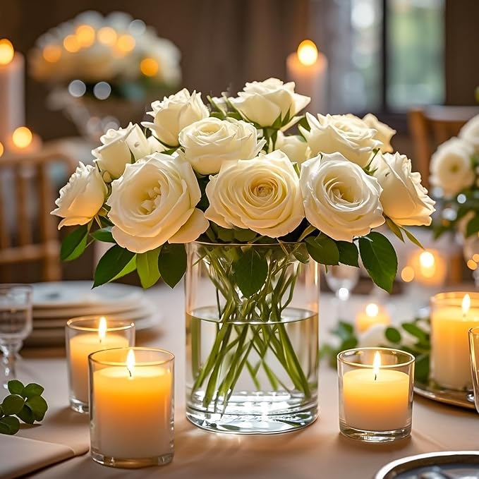 6pcs 6" x 4.7" Clear Glass Cylinder Vases for Centerpieces | Wide Mouth Flower Vases for Wedding & Home Decor, Hurricane Floating Candle Holders for Table, Includes 2 Floral Tapes