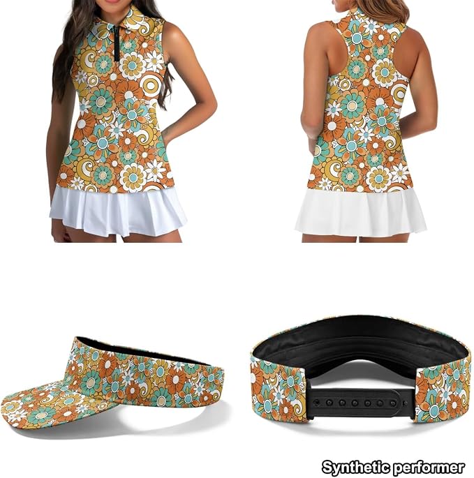POLERO Golf Tank Top Women Golf Shirts and Visor Hat Collared Racerback Tennis Shirt Set Quarter Zip