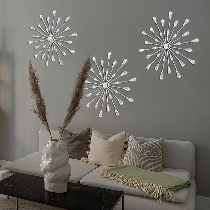 ZEXUIRU 3 Set Silver Starburst Wall Art for Home Decor Metal Bling Crystal Rhinestones Sunburst Wall Decor Sparkling Rhinestone Art Accent Silver - 18in