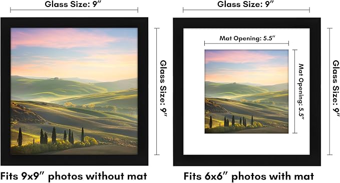 Americanflat 9x9 Picture Frame - Matted to 6x6 - Engineered Wood - Black | Shatter-resistant glass, wall or tabletop display with included easel, sawtooth hangers included, use with or without mat