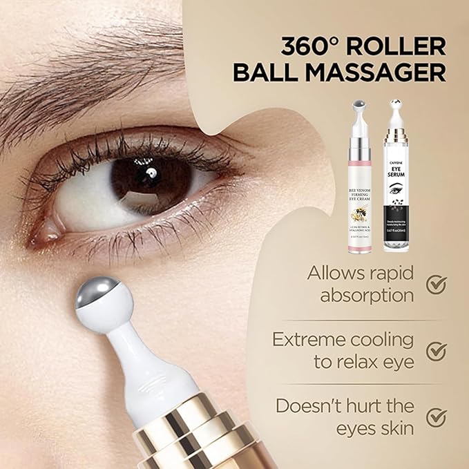 2-in-1 Eye Serum Set - Caffeine & Retinol Eye Cream + Bee Venom & Hyaluronic Acid Eye Serum, 360° Roller for Dark Circles, Puffiness & Fine Lines, Day & Night Duo