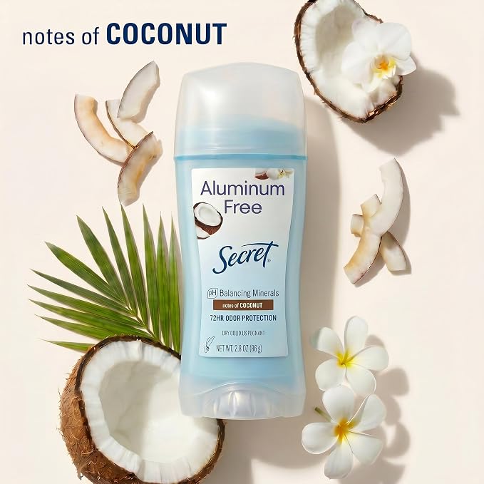 Secret Aluminum Free Deodorant for Women, 48hr Odor Protection, Naturally Derived Ingredients, Free of Parabens Dyes Talc & Baking Soda, PH Balanced, Dry Solid, Coconut Scent, 2.4 oz (Pack Of 3)