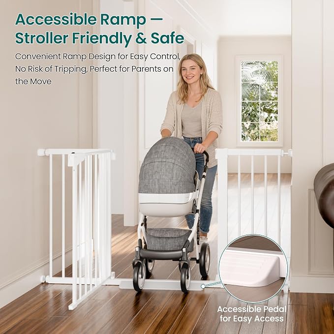 Cumbor 30-54" Extra Wide Baby Gate for Stairs, Dual Lock & Self-Closing Dog Gate Indoor, Easy Install Pet Gate for Doorways, Hallways & Kitchen, Easy Walk Thru Safety Proofing for Babies & Pets, White