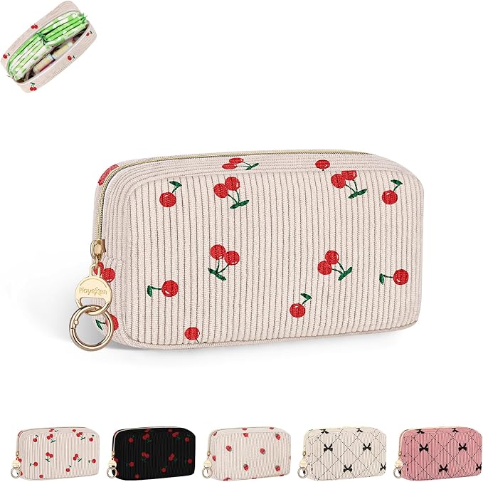 Corduroy Tampon Holder for Purse, Cute Period Bag with Ring Buckle, Portable Tampon Bag Organizer Case for Feminine Products (Cherry-Beige)