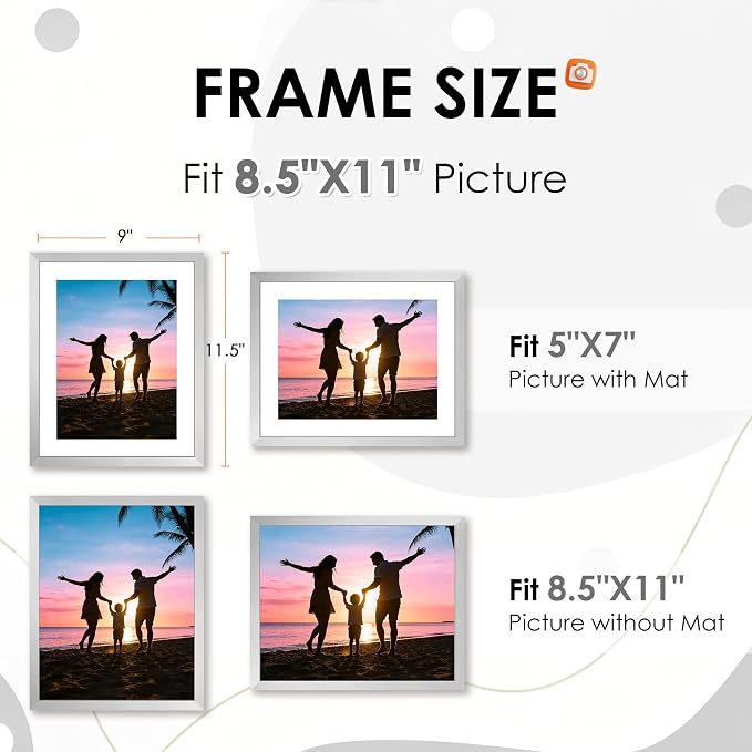 FIXSMITH 8.5x11 Picture Frame Set of 2, Silver Photo Frame with HD Plexiglass, Display Pictures 6x8 with Mat or 8.5x11 Without Mat, Black Picture Frames Collage Wall Decor, Gallery Wall Frame