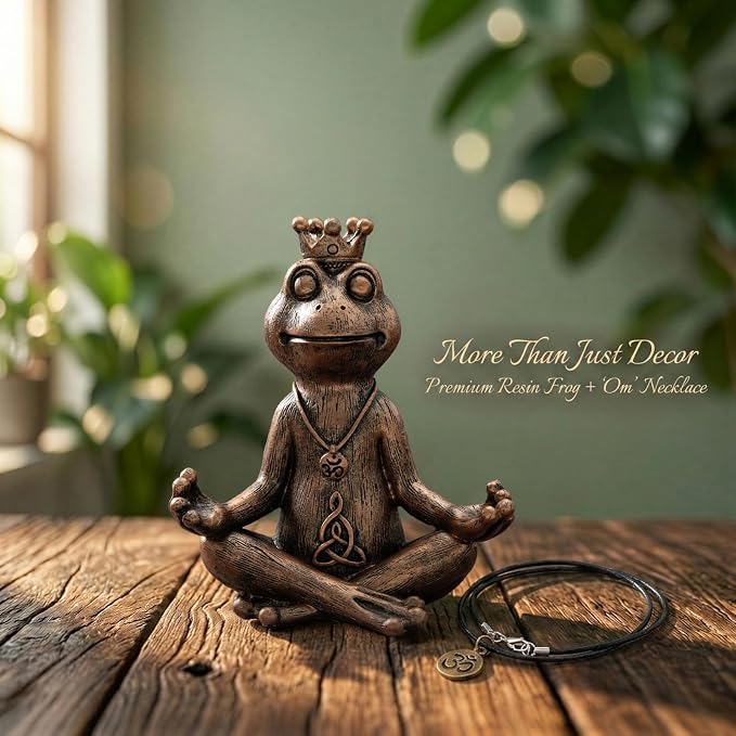 Meditating Zen Frog Statue Decor with Bonus Om Necklace - 5.8" Hand-Painted Resin Figurine - Yoga Room, Office Desk & Shelf Ornaments - Mindful Spiritual Gift for Women & Yoga Lovers(Bronze)
