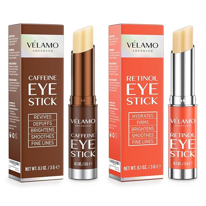 VELAMO ADVANCED Caffeine & Retinol Eye Stick Duo: Energizing & Renewing AM/PM Under Eye Balms for Dark Circles, Puffiness & Wrinkles - Travel Essentials, Portable & Perfect for On-the-go Use