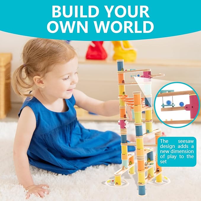 Marble Runs Building Toy 146pcs, Bamboo Construction Toy Set with Ball, Simple Maze Toy with Music Suitable for Age 4+ Children