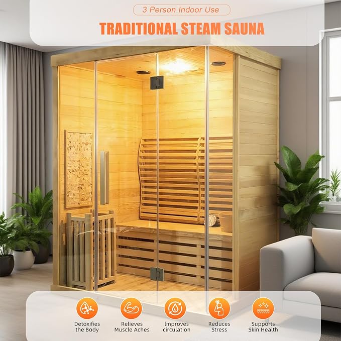 Smartmak Wood Home Traditional Steam Sauna, Wifi Control 3 Person Luxurious Indoor Canadian Hemlock Wooden Spa Room, with 4.5 kw Heater, Backrest, Bluetooth Speaker, Rocks, Water Bucket, Spoon, Lights