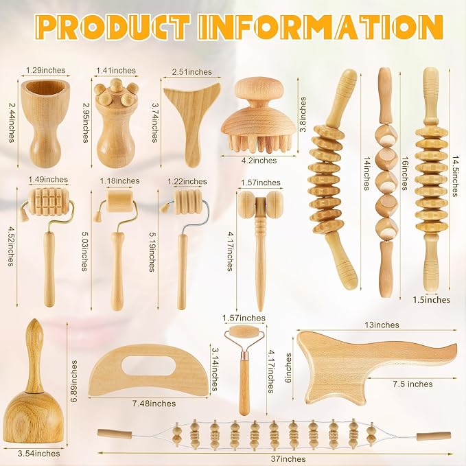 16-in-1 Wood Therapy Massage Tools Set for Body Sculpting Lymphatic Drainage Massager Maderoterapia Kit Therapy Tools Muscle Pain Relief Women Face Wood Roller Fascia Mother Gift Spa Party Supplies