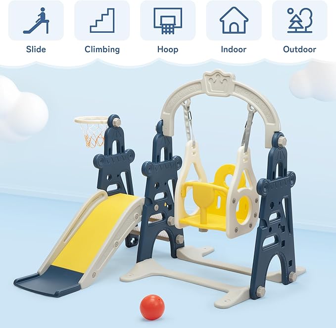 3-in-1 Kids Slide for Toddlers Age 1-3 Slide and Swing Set,Indoor Playground for Children,Freestanding Outdoor Slides with Basketball Hoop,Outside Climber Playhouses,Baby Climbing Toys Blue