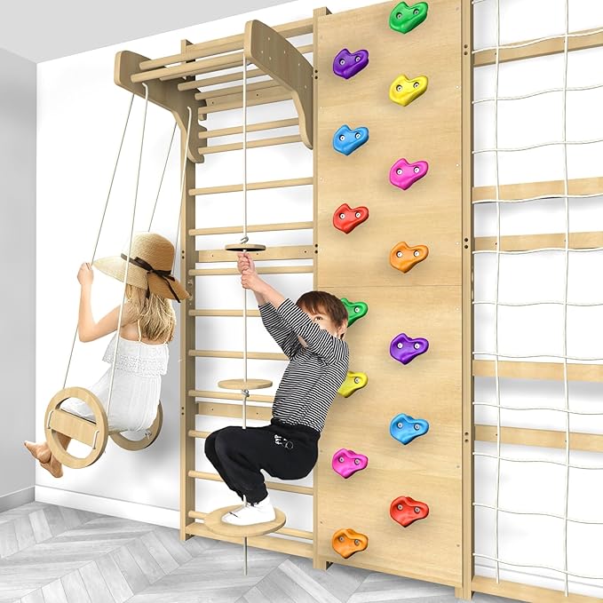 Upgraded Extra-Large Size 94.5inch Height 10-in-1 Swedish Ladder Gym Set, Home Playground with Swing, Rope Ladder, Pull-Up Bar, Slide and Rock Climbing Wall for Kids and Adults