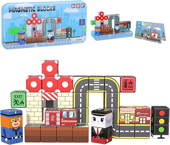 Magnetic Blocks Set, 35PCS Educational STEM Travel Building Toys for Kids 3+, Portable Magnetic Block with Metal Storage Box, Toddler Learning Toys for Boys Girls 4-8 Birthday Gift(Road Transport)