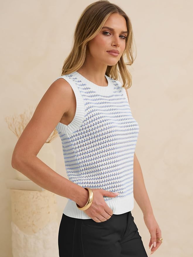 ANRABESS Womens Sleeveless Sweater Vest Striped Tank Tops | Crochet Knit Crew Neck, Lightweight Soft Comfy, Vacation Travel Work Casual Outfits, Sping Summer Layering Clothes