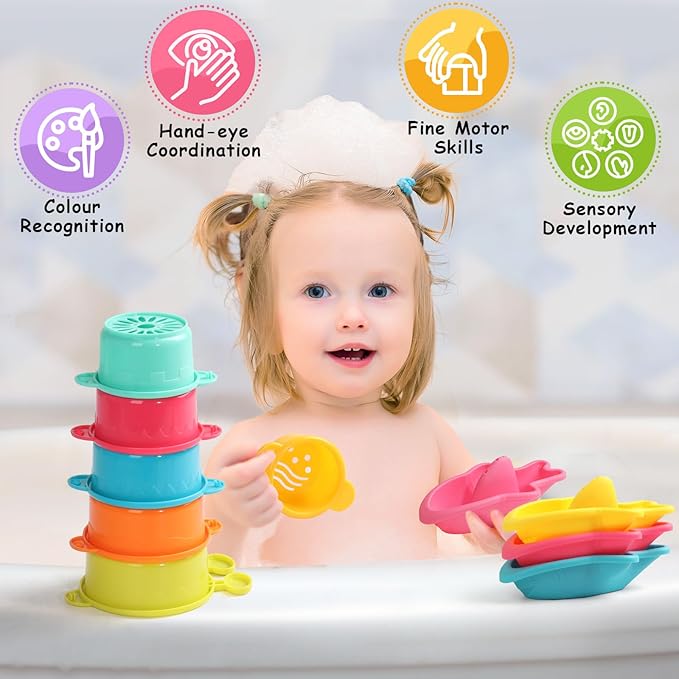 Baby Bath Toys for Kids Ages 1-3 11PCS Toddler Bath Toys Mold Free Bathtub Toys for 12+ Months Pool Water Table Beach Sand Toys Stacking Cups Floating Boats for 1 2 3 4 5 6 Years Old Girls Boys Gifts