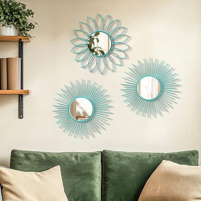 3 Pack Metal Mirrors for Wall Sunburst Wall Mirrors Home Décor Decorative Hanging Wall Art for Living Room Bedroom Entryway (Greenish Blue, Flower+Sunburst)