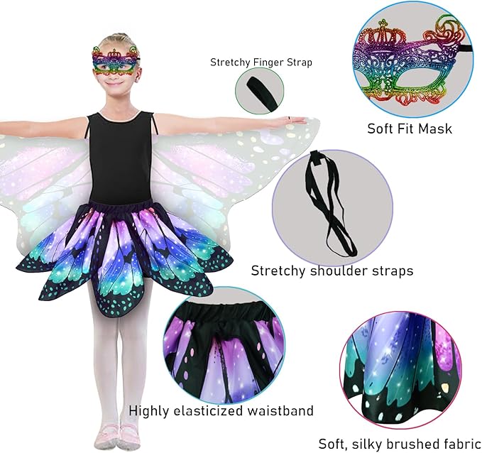 Kids Butterfly Wings Costume for Girls Fairy-Wings Toddler Dress Up Play Costumes Butterfly Skirt Set Mask Party Favors Gifts（Purple & Green+skirt sets）