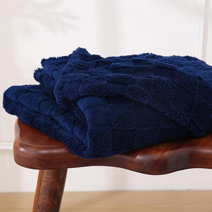 Navy Blue Fleece Throw Blanket 50”×60”Checkered Design for Couch | Super Soft Cozy Plush Microfiber 3D Square Pattern Flannel Blanket for Sofa Bed Lightweight for Adults,Women