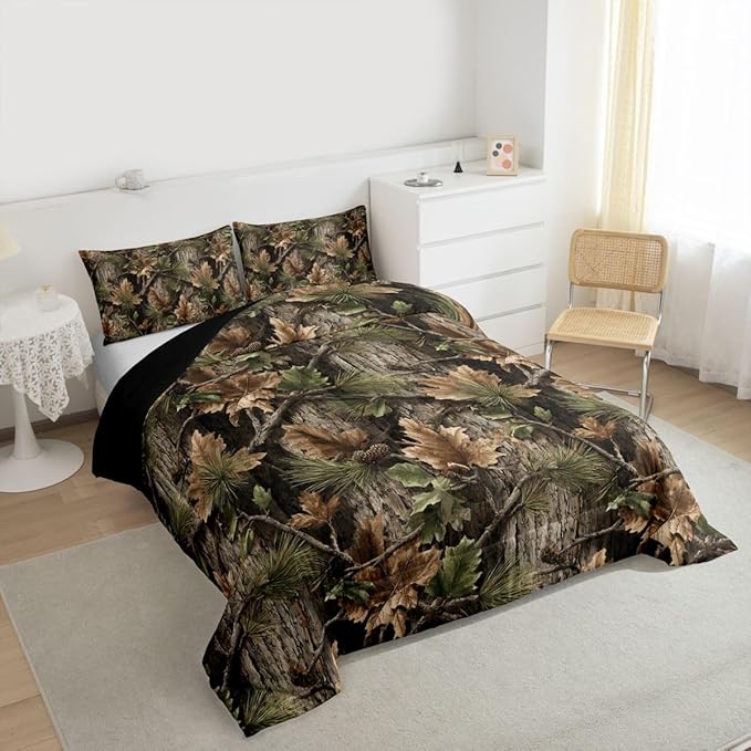 Erosebridal Camo Hunting Comforter Set Toddler Size Rustic Camouflage Bedding Set for Kids Boys Girls Woodland Cabin Tree Leaves Comforter Camping Farm House Quilt Bedroom Decor
