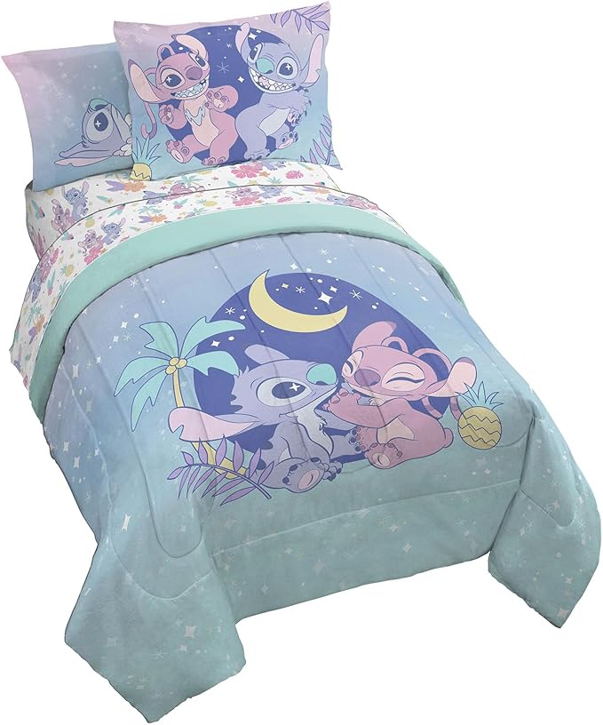 Jay Franco Disney Lilo and Stitch Full Size Comforter Set - 7 Piece Floral Bedding Includes Sheet Set & Pillow Covers Features Angel - Super Soft Purple & Teal Stars Kids Bedding