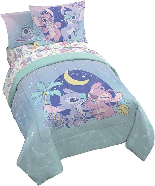 Jay Franco Disney Lilo and Stitch Full Size Comforter Set - 7 Piece Floral Bedding Includes Sheet Set & Pillow Covers Features Angel - Super Soft Purple & Teal Stars Kids Bedding