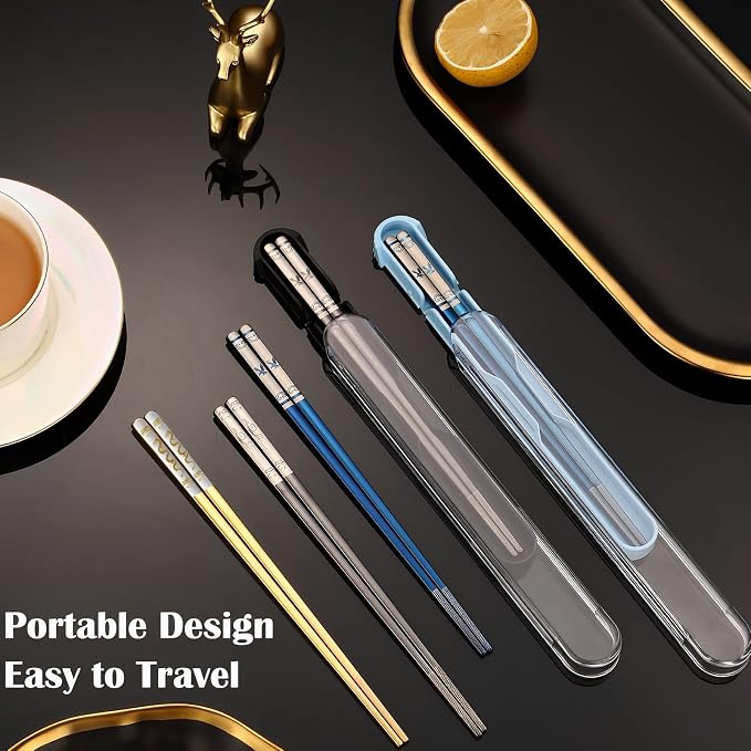 Stainless Steel Chopsticks with Case,Travel Chop Stick,1 Pair,Blue Eagle | Portable,Reusable,Metal,Titanium Plated,Come in a Set,Durable Case,Beginner friendly,for School,Home,Office,Bento Box