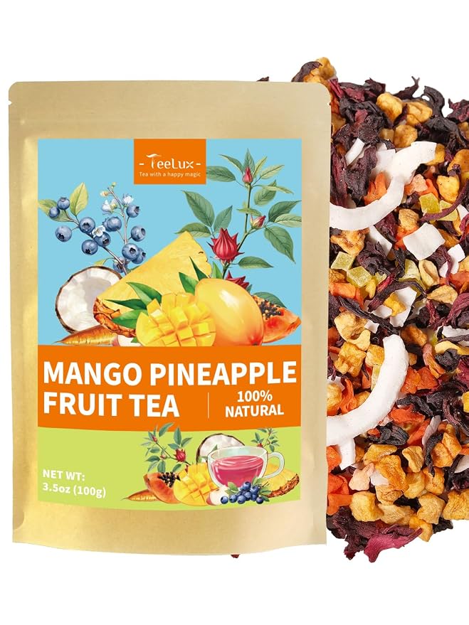 TeeLux Mango Pineapple Fruit Tea, Hibiscus Blend with Apple, Blueberry & Coconut, Sweet & Tarty Taste, Caffeine Free, Hot or Iced, 3.5 oz