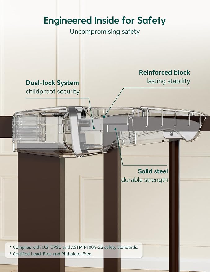 Babelio Baby Gate for Doorways and Stairs, 26-40" Auto Close Dog Gate, PressGuard C5, Easy-Install Pressure Mounted Satey Door, No Drilling Safety Gate for Child and Pets, Brown