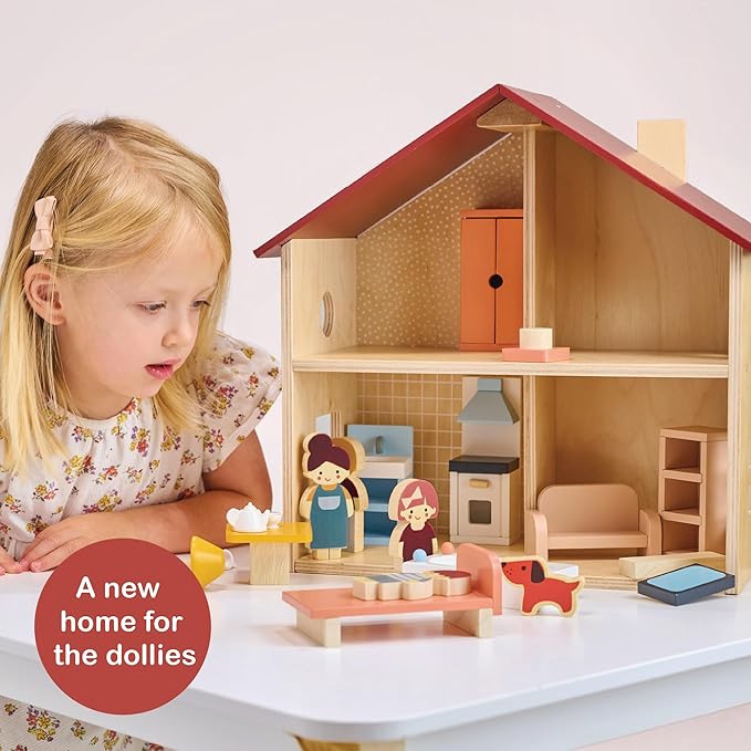 Mentari Toys - Poppets Dollhouse - Fully Furnished Open-Style Wooden Dollhouse with Windows & 4 Rooms - Compact House for Dolls - Great for Imaginative Play, Skill Development & Storytelling - Age 3+