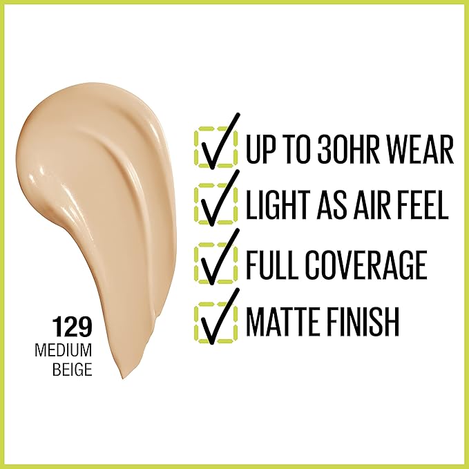 Maybelline Super Stay Full Coverage Liquid Foundation Active Wear Makeup, Up to 30Hr Wear, Transfer, Sweat & Water Resistant, Matte Finish, Medium Beige, 1 Count