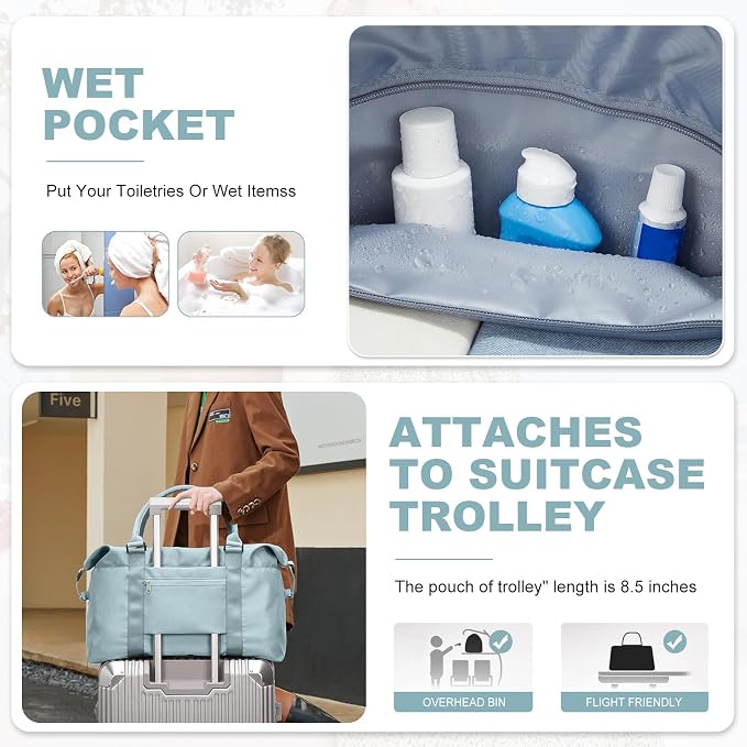 Travel Duffel Bag, Carry On Overnight Weekender Bags for Women | Travel Bag with Wet Pocket & Trolley Sleeve, For Spirit Airlines 18x14x8 Personal Item Bag