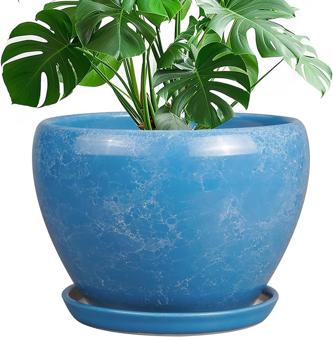 Ceramicfor 10 Inch Planter Pot - Ceramic Pots for Plants with Drainage Hole and Saucer, Round Large Flower Pot for Indoor Plants, Blue