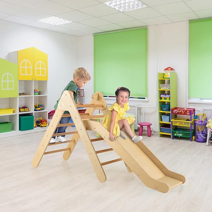 OLAKIDS Pikler Triangle Set 2 in 1 Climbing Toys for Toddlers Foldable Wood Montessori Baby Jungle Gym with Ladder Ramp Slide Kids Indoor Playground Activity Play Structure