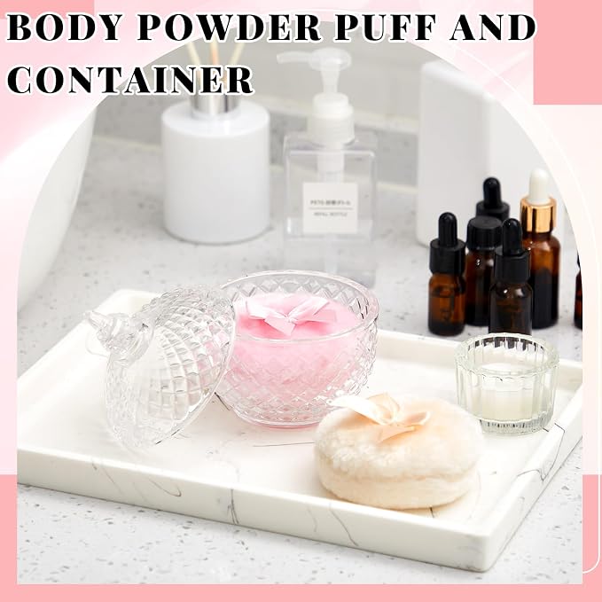Tioncy 3 Pcs Large Body Powder Puff and Container Birthday Gift for Women, Soft Velour Face Body Glitter Puff with Crystal Glass Case, Wet Dry Makeup, Washable Reusable (multi-faceted Cut, Clear)